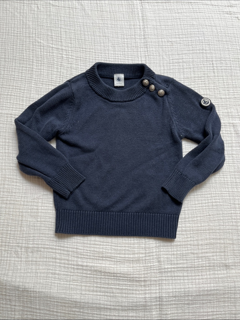 Petit Bateau Kids Navy Wool Cotton Ribbed Crewneck Button Sweater 4